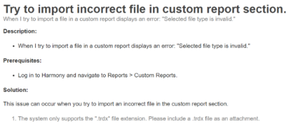 Picture of Try to import incorrect file in custom report section.