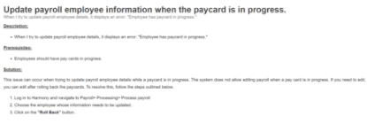 Picture of Update Payroll Employee Information when the Paycard is in Progress.