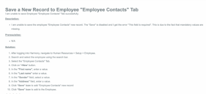 Picture of Save a New "Emergency Contact"  Record to Employee "Employee Contacts" Tab   