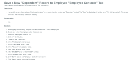 Picture of Save a New "Dependent"  Record to Employee "Employee Contacts" Tab 