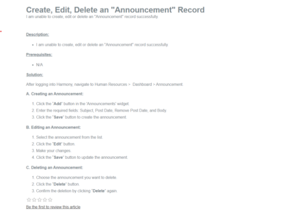 Picture of Create, Edit, Delete an "Announcement" Record  